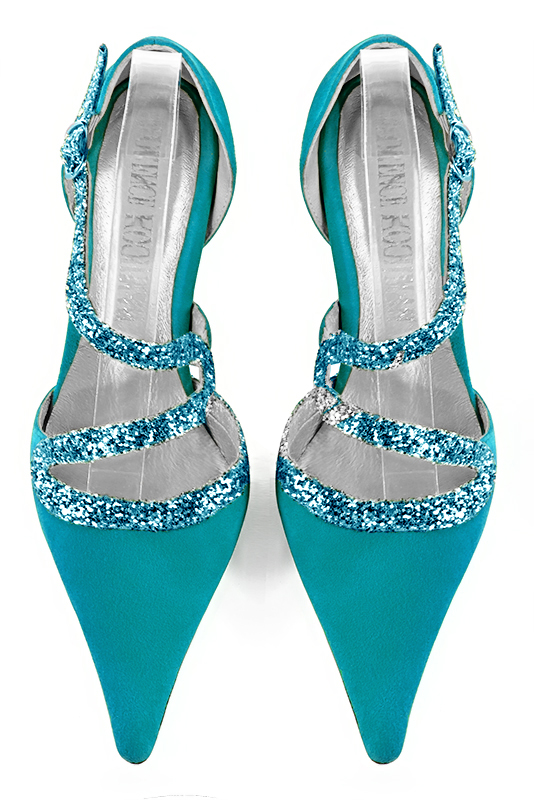 Turquoise blue women's open side shoes, with snake-shaped straps. Pointed toe. High slim heel. Top view - Florence KOOIJMAN